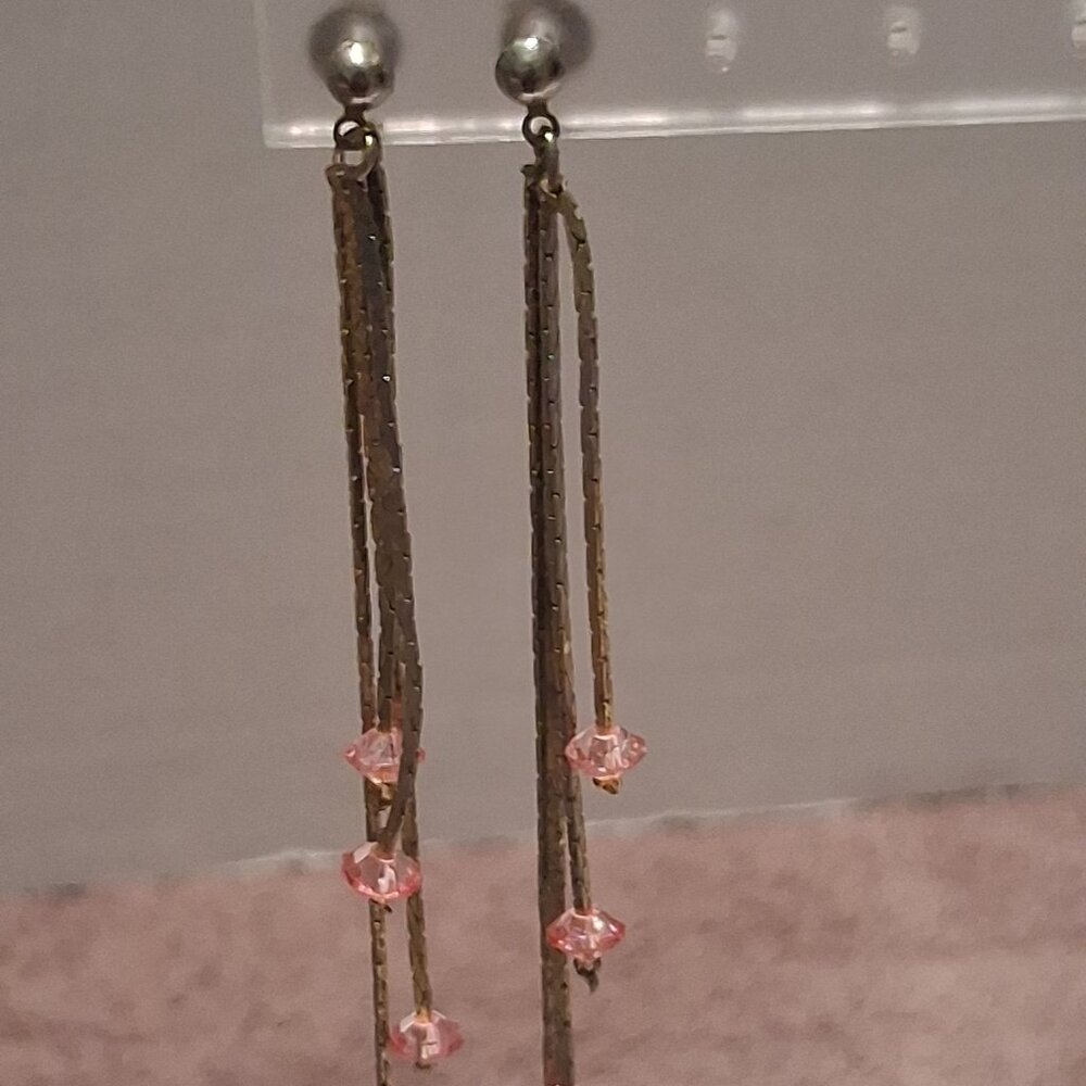 Vintage Multiple Strand Long Dangle Earrings with Pink Beads